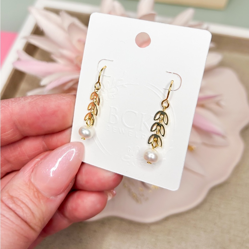 New handmade Gold leaf and pearl Dangle Earrings